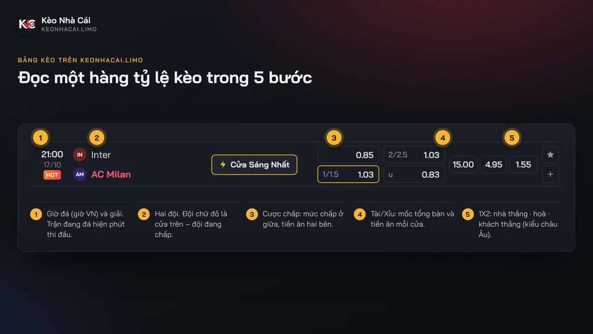 Cách đọc bảng tỷ lệ kèo nhà cái – ý nghĩa từng cột giờ, trận, chấp, tài xỉu, 1X2