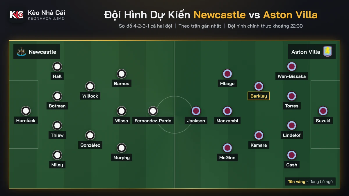 Đội hình dự kiến Newcastle vs Aston Villa sơ đồ 4-2-3-1