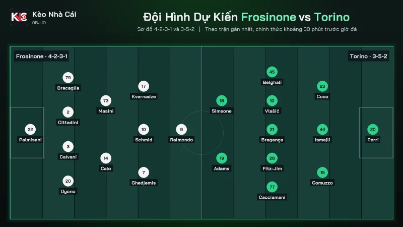Đội hình dự kiến soi kèo Frosinone vs Torino, 4-2-3-1 đấu 3-5-2