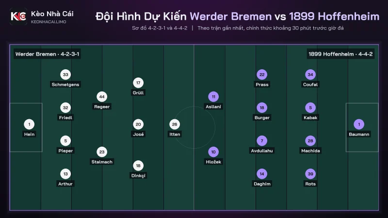 Đội hình dự kiến soi kèo Werder Bremen vs 1899 Hoffenheim, 4-2-3-1 đấu 4-4-2