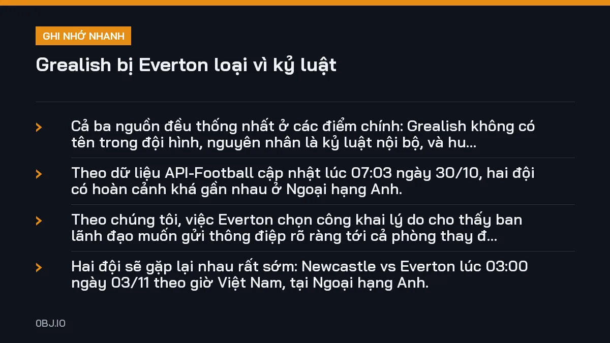 Ghi nhớ nhanh Grealish bị Everton loại vì kỷ luật, 4 điểm quan trọng