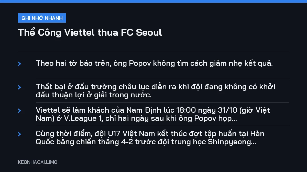 Ghi nhớ nhanh Thể Công Viettel thua FC Seoul, 4 điểm quan trọng