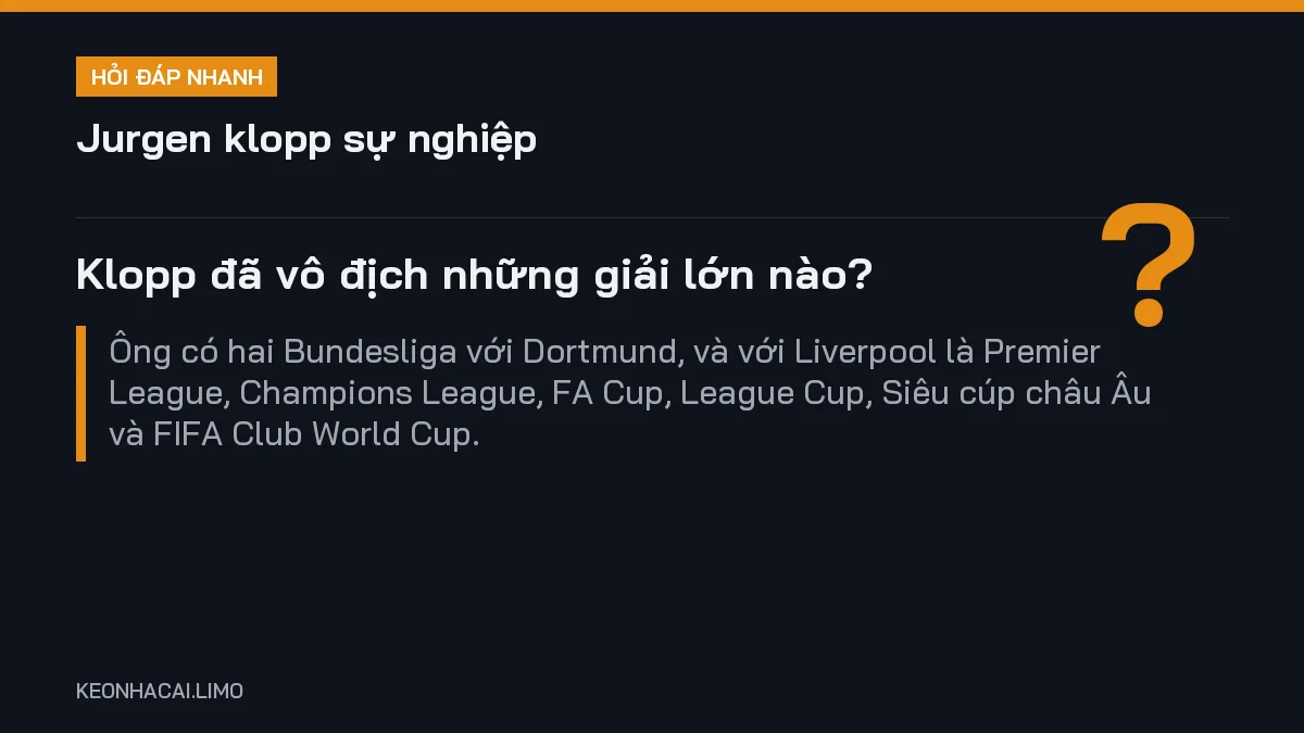 Hỏi đáp nhanh jurgen klopp sự nghiệp: Klopp đã vô địch những giải lớn nào