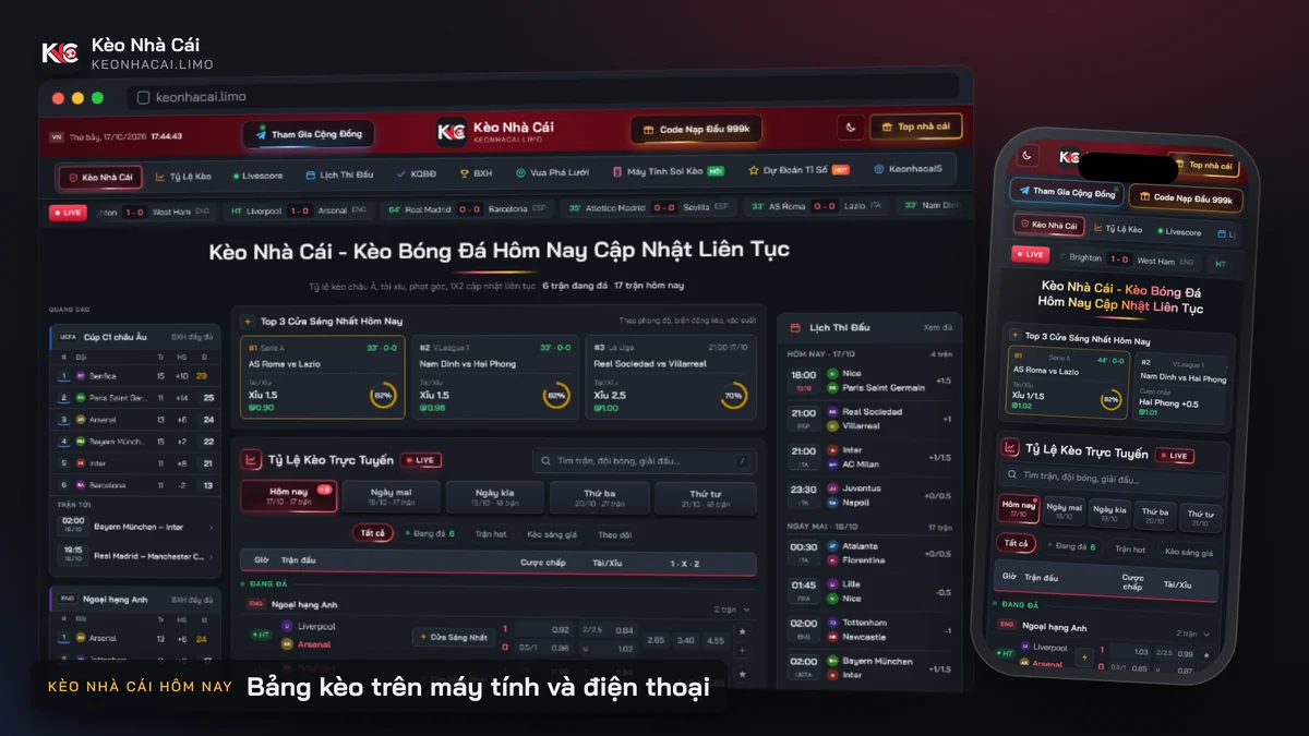 Giao diện kèo nhà cái hôm nay trên máy tính và điện thoại tại 0bj.io