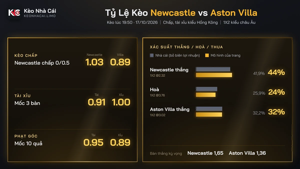 Tỷ lệ kèo Newcastle vs Aston Villa và xác suất thắng hoà thua