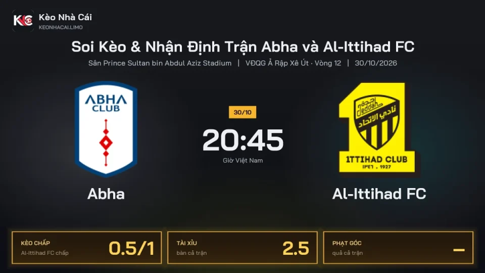 Soi kèo Abha vs Al-Ittihad FC 20h45 ngày 30/10 Giải Vđqg Ả Rập Xê Út 2026/27 Vòng 12