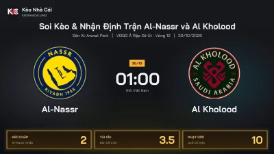 Soi kèo Al-Nassr vs Al Kholood 1h00 ngày 30/10 Giải Vđqg Ả Rập Xê Út 2026/27 Vòng 12
