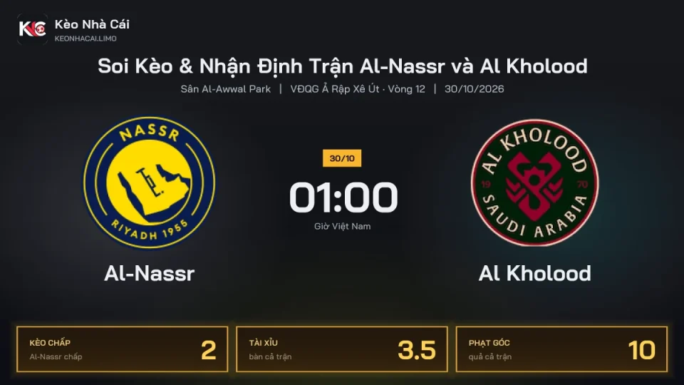 Soi kèo Al-Nassr vs Al Kholood 1h00 ngày 30/10 Giải Vđqg Ả Rập Xê Út 2026/27 Vòng 12