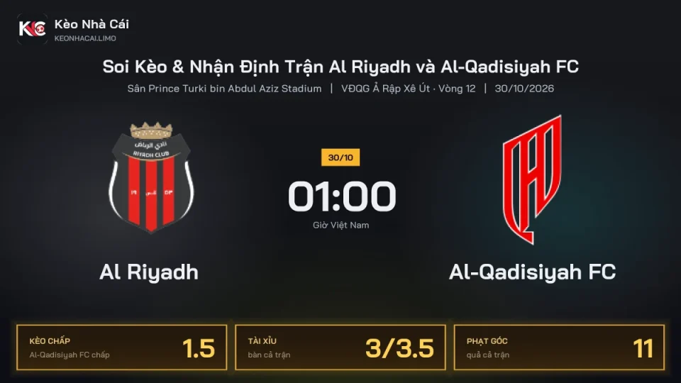 Soi kèo Al Riyadh vs Al-Qadisiyah FC 1h00 ngày 30/10 Giải Vđqg Ả Rập Xê Út 2026/27 Vòng 12