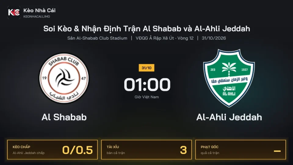 Soi kèo Al Shabab vs Al-Ahli Jeddah 1h00 ngày 31/10 Giải Vđqg Ả Rập Xê Út 2026/27 Vòng 12