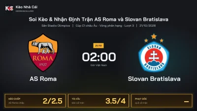 Soi kèo AS Roma vs Slovan Bratislava 2h00 ngày 21/10 Cúp C1 Châu Âu 2026/27 Vòng phân hạng Lượt 3
