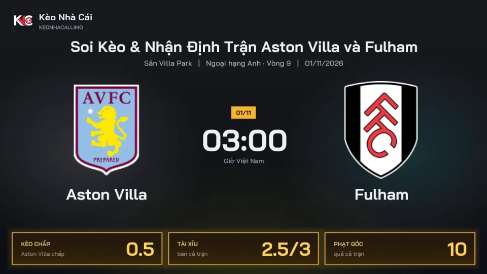 Soi kèo Aston Villa vs Fulham 3h00 ngày 1/11 Giải Ngoại Hạng Anh 2026/27 Vòng 9