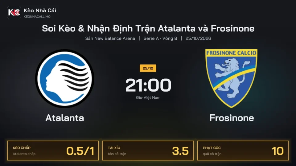 Soi kèo Atalanta vs Frosinone 21h00 ngày 25/10 Giải Serie A 2026/27 Vòng 8