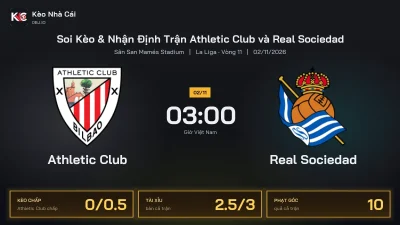 Soi kèo Athletic Club vs Real Sociedad 3h00 ngày 2/11 Giải La Liga 2026/27 Vòng 11