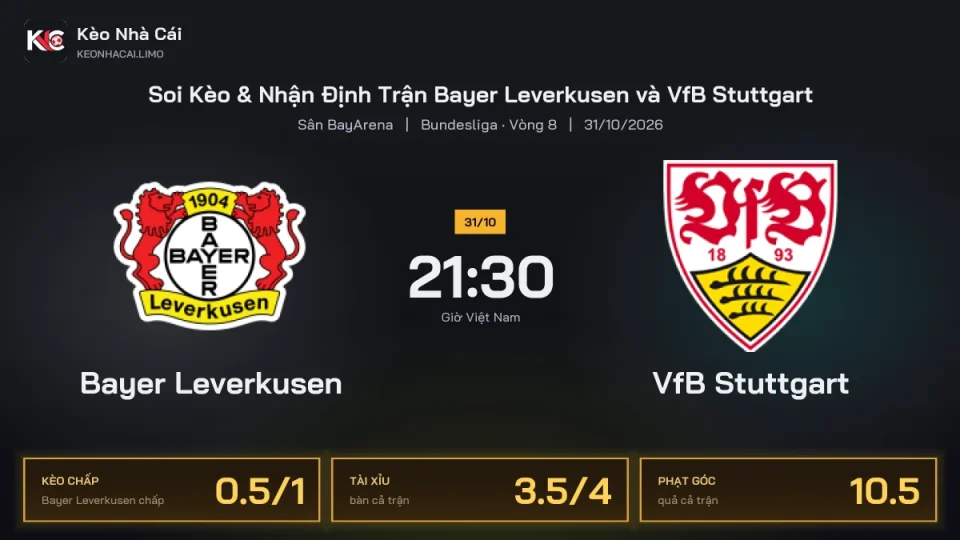 Soi kèo Bayer Leverkusen vs VfB Stuttgart 21h30 ngày 31/10 Giải Bundesliga 2026/27 Vòng 8