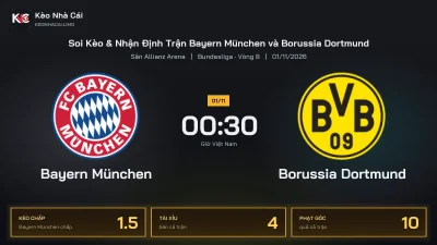 Soi kèo Bayern München vs Borussia Dortmund 0h30 ngày 1/11 Giải Bundesliga 2026/27 Vòng 8