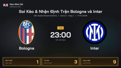 Soi kèo Bologna vs Inter 23h00 ngày 17/10 Giải Serie A 2026/27 Vòng 7