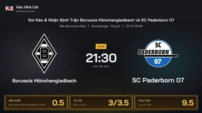 Soi kèo Borussia Mönchengladbach vs SC Paderborn 07 21h30 ngày 31/10 Giải Bundesliga 2026/27 Vòng 8