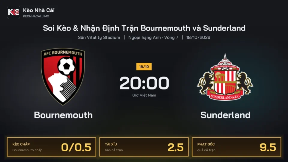 Soi kèo Bournemouth vs Sunderland 20h00 ngày 18/10 Giải Ngoại Hạng Anh 2026/27 Vòng 7