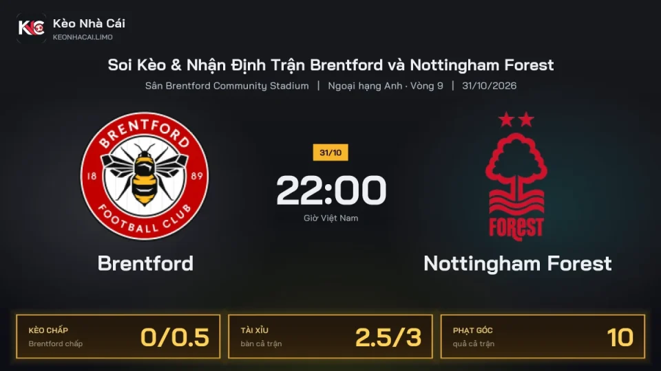 Soi kèo Brentford vs Nottingham Forest 22h00 ngày 31/10 Giải Ngoại Hạng Anh 2026/27 Vòng 9