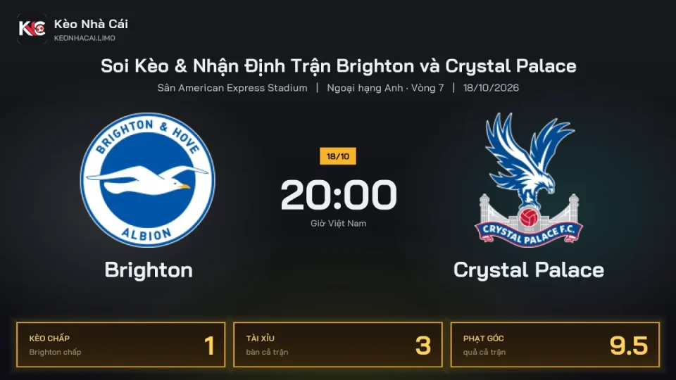 Soi kèo Brighton vs Crystal Palace 20h00 ngày 18/10 Giải Ngoại Hạng Anh 2026/27 Vòng 7