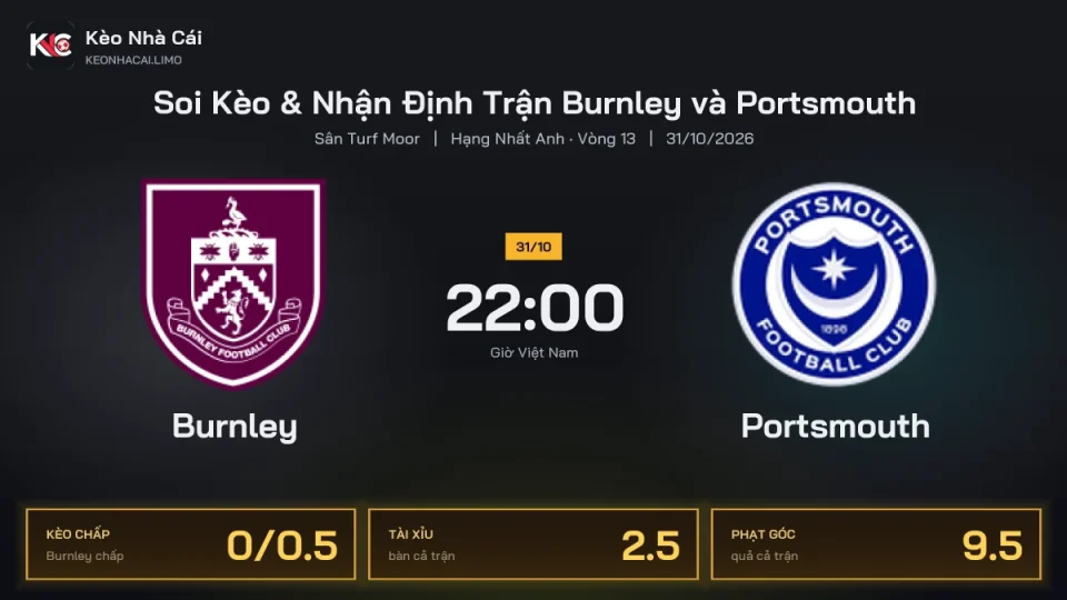 Soi kèo Burnley vs Portsmouth 22h00 ngày 31/10 Giải Hạng Nhất Anh 2026/27 Vòng 13