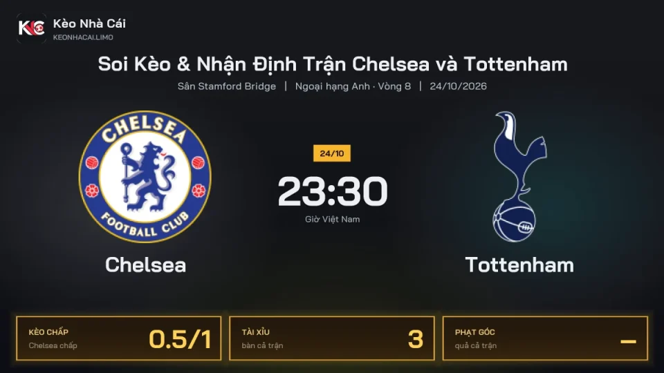 Soi kèo Chelsea vs Tottenham 23h30 ngày 24/10 Giải Ngoại Hạng Anh 2026/27 Vòng 8
