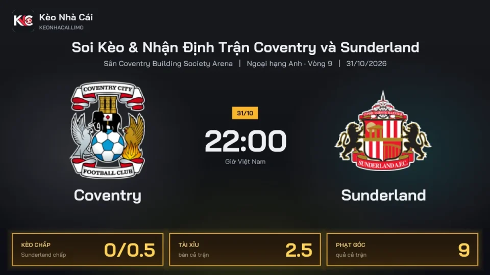 Soi kèo Coventry vs Sunderland 22h00 ngày 31/10 Giải Ngoại Hạng Anh 2026/27 Vòng 9