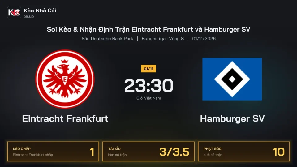 Soi kèo Eintracht Frankfurt vs Hamburger SV 23h30 ngày 1/11 Giải Bundesliga 2026/27 Vòng 8