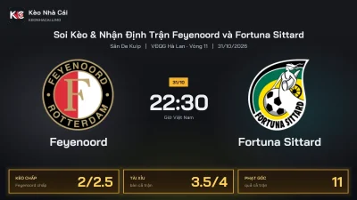 Soi kèo Feyenoord vs Fortuna Sittard 22h30 ngày 31/10 Giải Vđqg Hà Lan 2026/27 Vòng 11