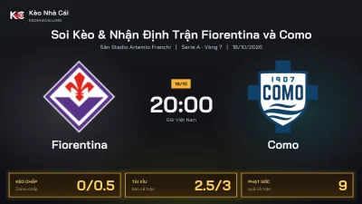 Soi kèo Fiorentina vs Como 20h00 ngày 18/10 Giải Serie A 2026/27 Vòng 7