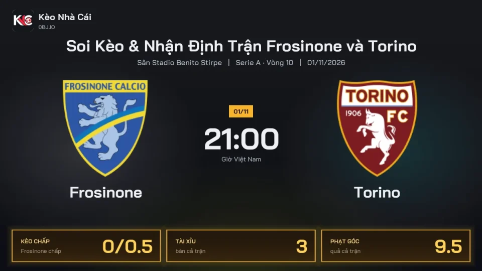 Soi kèo Frosinone vs Torino 21h00 ngày 1/11 Giải Serie A 2026/27 Vòng 10