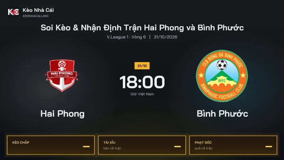 Soi kèo Hai Phong vs Bình Phước 18h00 ngày 31/10 Giải V.league 1 2027/28 Vòng 6