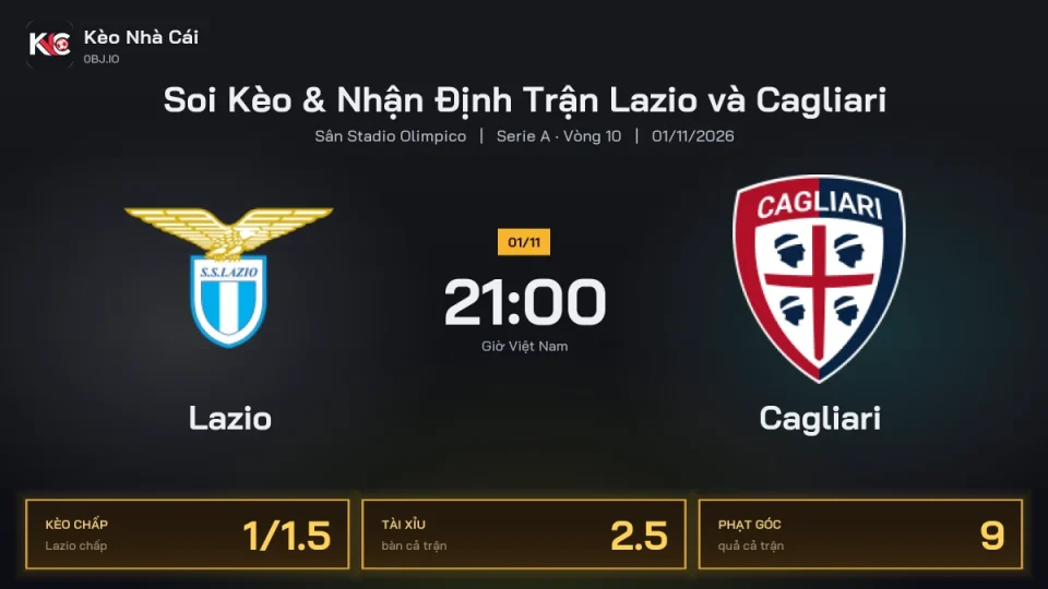 Soi kèo Lazio vs Cagliari 21h00 ngày 1/11 Giải Serie A 2026/27 Vòng 10