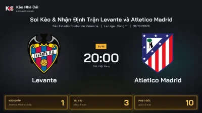 Soi kèo Levante vs Atletico Madrid 20h00 ngày 31/10 Giải La Liga 2026/27 Vòng 11