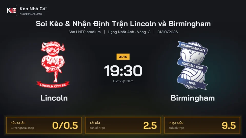 Soi kèo Lincoln vs Birmingham 19h30 ngày 31/10 Giải Hạng Nhất Anh 2026/27 Vòng 13