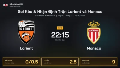 Soi kèo Lorient vs Monaco 22h15 ngày 18/10 Giải Ligue 1 2026/27 Vòng 7