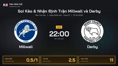 Soi kèo Millwall vs Derby 22h00 ngày 31/10 Giải Hạng Nhất Anh 2026/27 Vòng 13