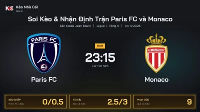 Soi kèo Paris FC vs Monaco 23h15 ngày 1/11 Giải Ligue 1 2026/27 Vòng 9