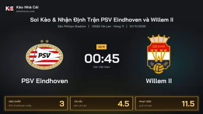 Soi kèo PSV Eindhoven vs Willem II 0h45 ngày 1/11 Giải Vđqg Hà Lan 2026/27 Vòng 11