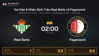 Soi kèo Real Betis vs Feyenoord 2h00 ngày 22/10 Cúp C1 Châu Âu 2026/27 Vòng phân hạng Lượt 3