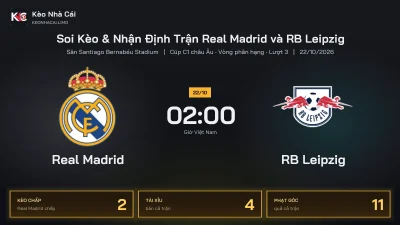 Soi kèo Real Madrid vs RB Leipzig 2h00 ngày 22/10 Cúp C1 Châu Âu 2026/27 Vòng phân hạng Lượt 3