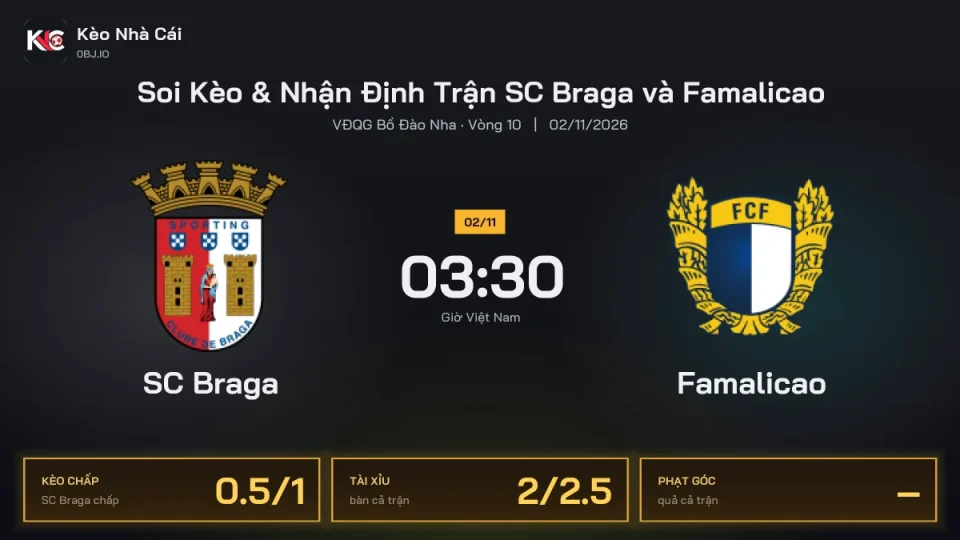 Soi kèo SC Braga vs Famalicao 3h30 ngày 2/11 Giải Vđqg Bồ Đào Nha 2026/27 Vòng 10