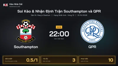 Soi kèo Southampton vs QPR 22h00 ngày 31/10 Giải Hạng Nhất Anh 2026/27 Vòng 13