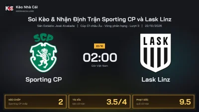 Soi kèo Sporting CP vs Lask Linz 2h00 ngày 22/10 Cúp C1 Châu Âu 2026/27 Vòng phân hạng Lượt 3