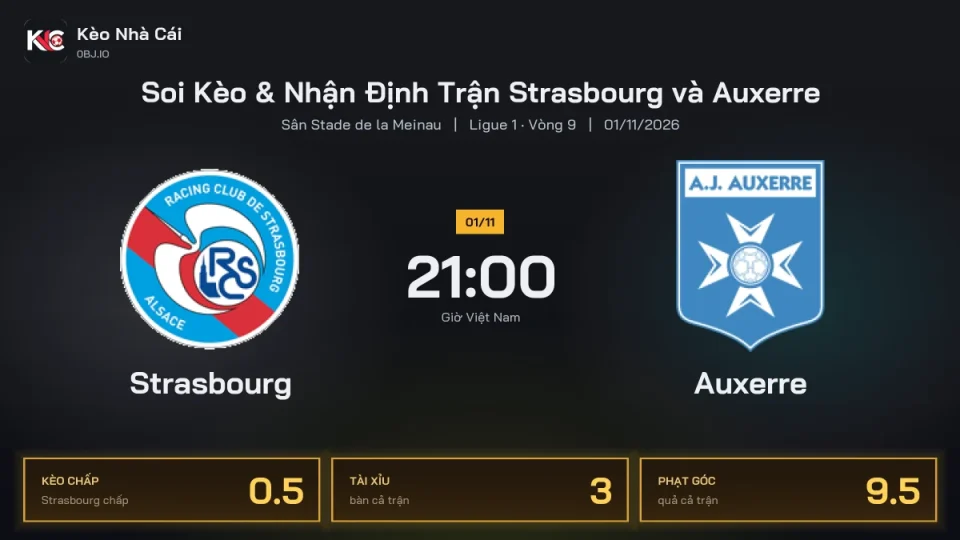 Soi kèo Strasbourg vs Auxerre 21h00 ngày 1/11 Giải Ligue 1 2026/27 Vòng 9