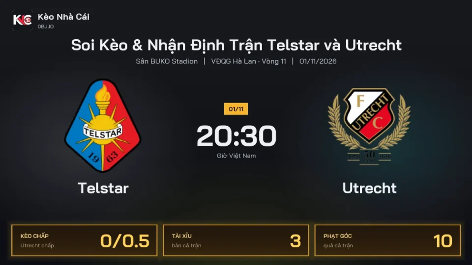 Soi kèo Telstar vs Utrecht 20h30 ngày 1/11 Giải Vđqg Hà Lan 2026/27 Vòng 11