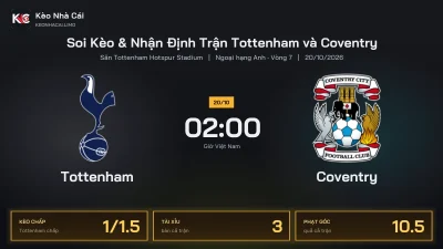 Soi kèo Tottenham vs Coventry 2h00 ngày 20/10 Giải Ngoại Hạng Anh 2026/27 Vòng 7