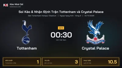 Soi kèo Tottenham vs Crystal Palace 0h30 ngày 1/11 Giải Ngoại Hạng Anh 2026/27 Vòng 9