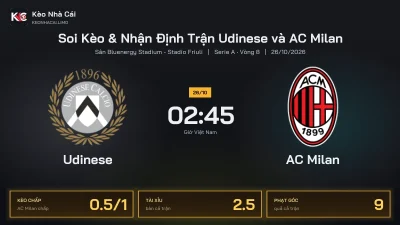 Soi kèo Udinese vs AC Milan 2h45 ngày 26/10 Giải Serie A 2026/27 Vòng 8